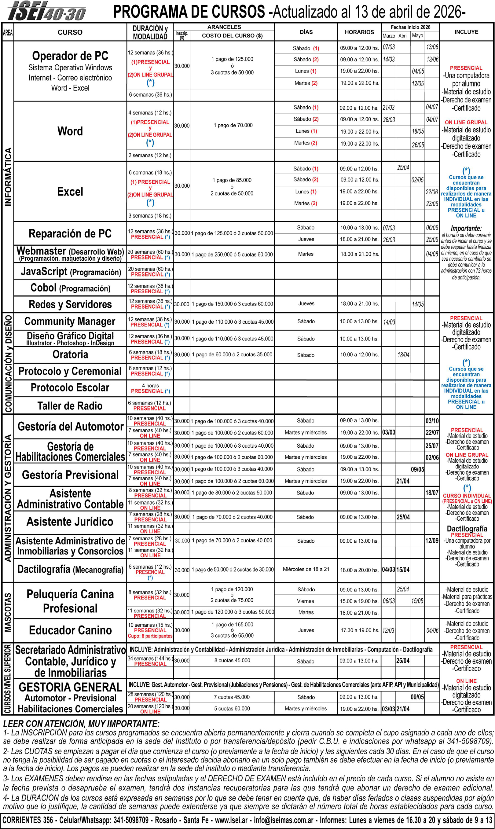 Lista de cursos disponibles, horarios, aranceles y fechas de inicio